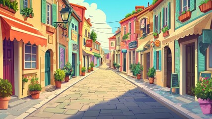 Fototapeta premium A quaint, cobblestone street lined with colorful buildings and shops in a European town.