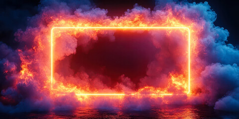 Vibrant Neon Frame with Glowing Fire and Smoke on Water Surface