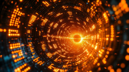 Obraz premium Dynamic Flow of Orange Binary Code Through a Circular Gateway on Matrix Background