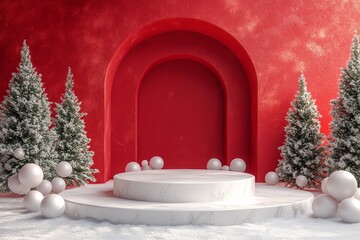 Minimalist 3D rendered stage design with white marble podium, snowballs, and Christmas trees on red wall background. Symmetrical composition with studio lighting.