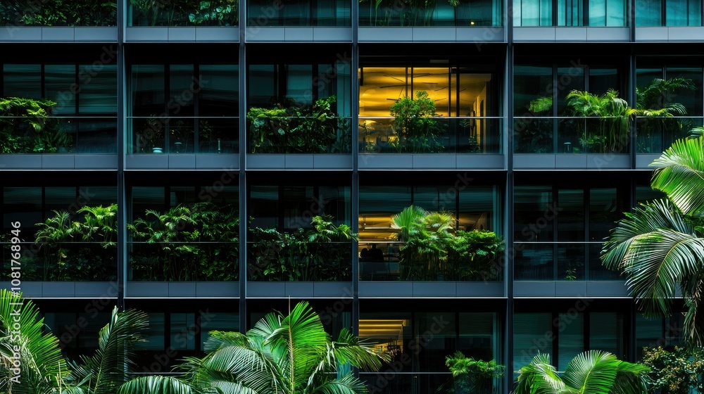 Poster architecture image with a modern glass building with a lot of green plants