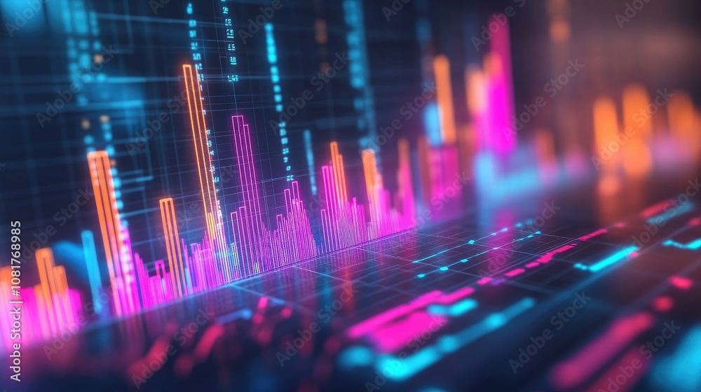 Poster abstract depiction of financial graphs and charts in neon colors