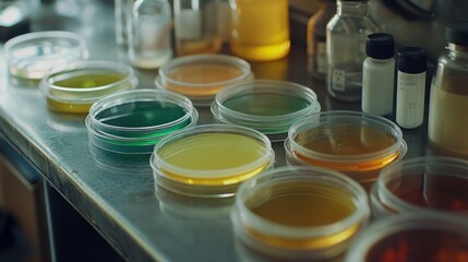 Petri dishes and chemical solutions on lab bench, representing scientific exploration
