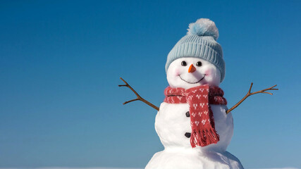 A festive snowman with twig arms and a cozy red scarf stands against a bright blue background smiling and bringing a touch of warmth and cheer to the holiday season.
