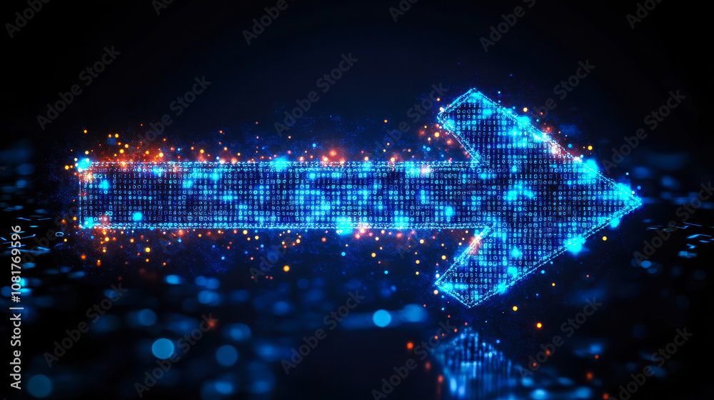 Poster digital arrow in blue matrix binary code with pixelated motifs emerging
