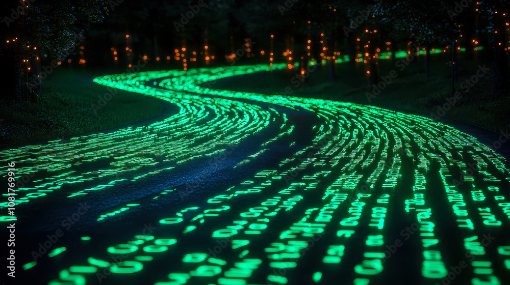 Poster digital binary path: illuminated green code highway on black background