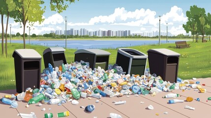 Overflowing trash bins surrounded by litter near a park and water body.