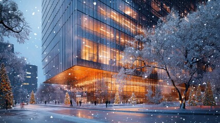 A modern glass tower in the city, its sleek design illuminated by the soft glow of interior lights. Snow falls gently around the