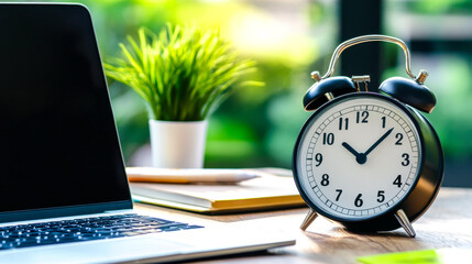 A stylish workspace featuring a laptop, a vintage alarm clock, and a small plant, creating a productive and serene office atmosphere.