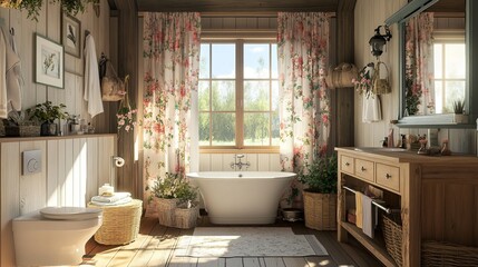 Charming countryside bathroom with pastel tones, floral curtains, wooden vanity, and rustic fixtures