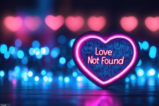 A neon heart-shaped "404: Love Not Found" message flickers against a background of soft pink and blue digital lights, creating a - Powered by Adobe