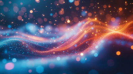 Obraz premium Colorful abstract waves of light with shimmering particles in a dark background