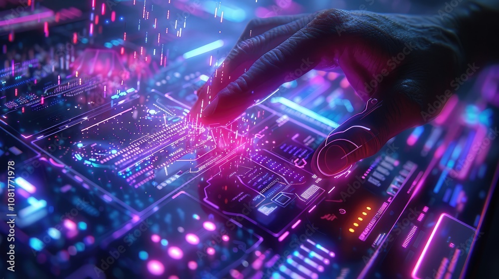Poster High-tech holographic interface with floating data points