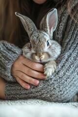 Naklejka premium A person and their pet rabbit sitting on the floor, enjoying a quiet moment. The rabbit snuggles up to them, seeking affection