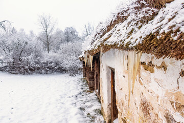 Old croft with a thatched roof in a wintry landscape © Lars Johansson