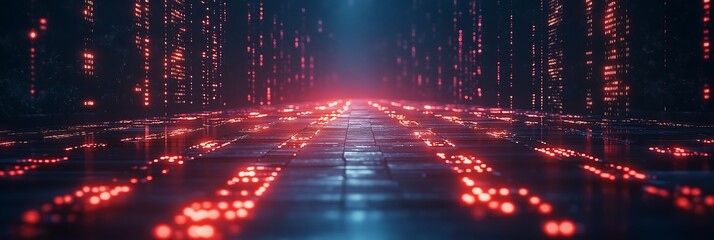 A close-up of digital data flowing through an abstract grid, with red and black hues representing a cyber attack, set against a dark background