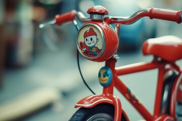 Red bicycle with cartoon bell and front tire.