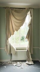 A torn curtain reveals a window with a view of greenery, suggesting neglect or abandonment.
