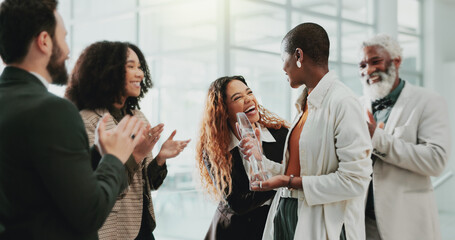 Business people, applause and celebration in office for award, achievement or employee development....