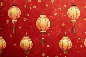Chinese New Year red lanterns with golden elements on a simple red background, festive and traditional design with symmetrical composition.