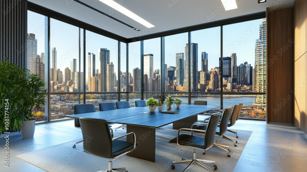 Poster modern boardroom with a large window view of a cityscape