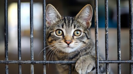 A curious tabby cat peering through the bars of its cage at an animal shelter during daylight hours