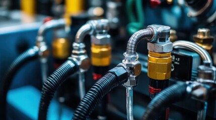 Close-up view of industrial pneumatic tools connected to a compressed air system, with hoses and valves visible. The setup