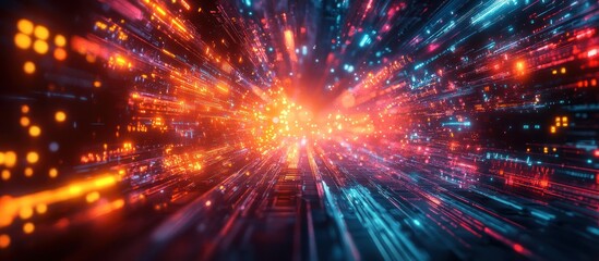 Naklejka premium Abstract digital tunnel with glowing lines and particles in red and blue hues.