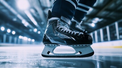 A hockey skate blade with a focus on the sharpened edge, indoor setting with arena lighting, Edgy style