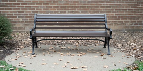 A simple park bench surrounded by fallen leaves against a brick wall.