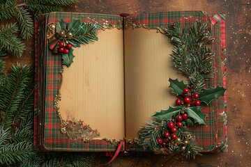 Open Christmas book with plaid borders, holly, pine garland, and gold accents.