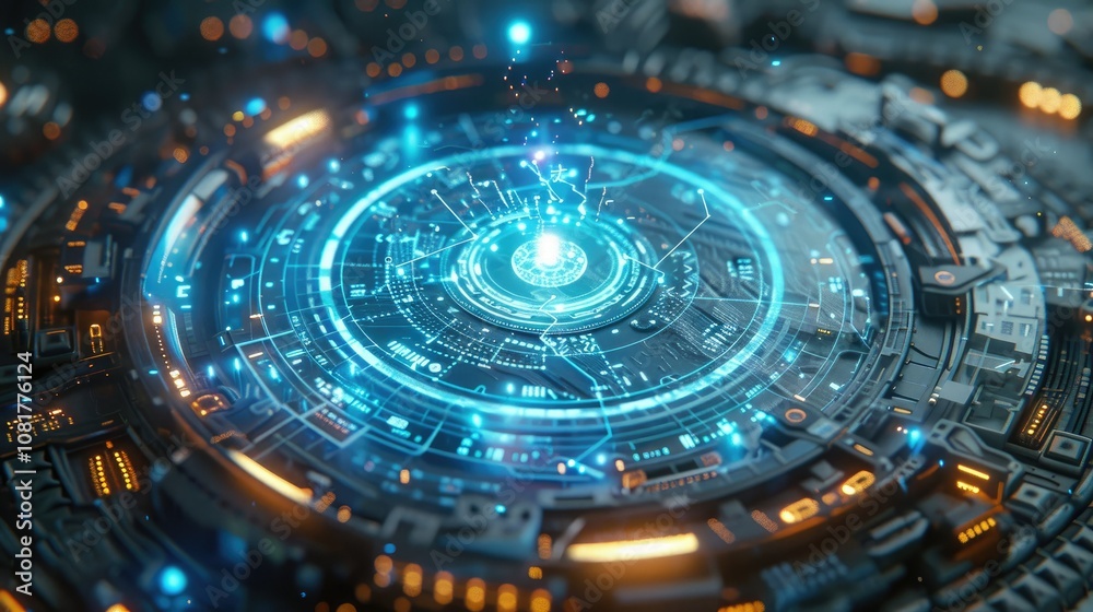 Poster High-tech holographic interface with floating data points