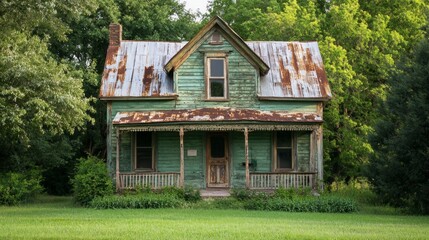 Abandoned green farmhouse with a rusty roof surrounded by overgrown plants in a peaceful rural setting