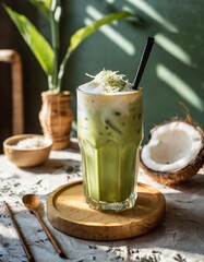 Refreshing Iced Matcha Latte with Coconut Milk, Served in a Sun-Drenched Cafe with a Light and Airy Atmosphere and Minimalist Green Decor