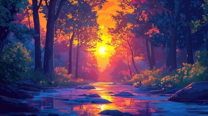 Sunset over a river in a forest.