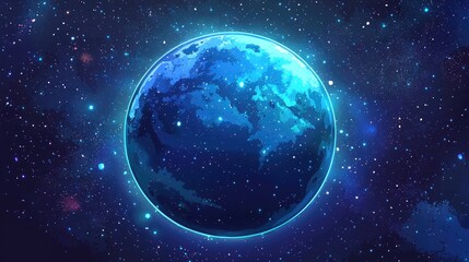 A Blue Planet with a Glowing Ring in a Starry Night Sky