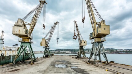 Industrial cranes on a dock under a cloudy sky, ready for loading and unloading cargo.