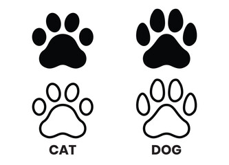 Dog and cat paw print symbol. Black and white line and silhouette icon or logo design element.