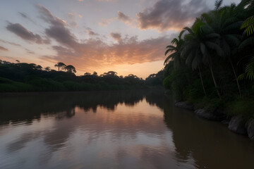 Obraz premium A vibrant sunset over a calm river, with a dense jungle in the background, hyper realistic, 8k resolution, cinematic lighting