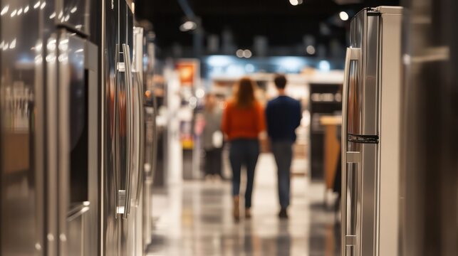 Rows of refrigerators, shoppers exploring modern options for their kitchen