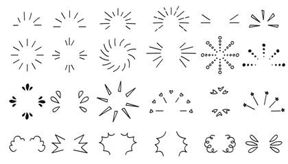 Doodle line sparkles and rays. Hand- drawn explosion lines confetti, sun burst, decorative effect surprise elements. Sketch comic celebrating splash and sign.