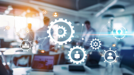 Large interconnected network of gears symbolizing corporate competition, with one oversized gear dominating the scene, representing antitrust concerns. Central gear with copy space for text.