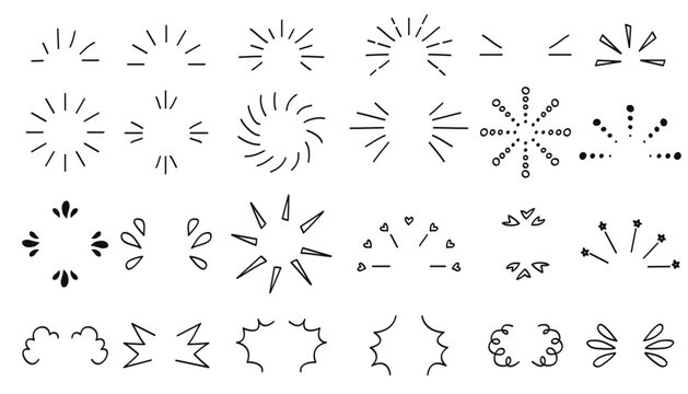 Doodle line sparkles and rays. Hand- drawn explosion lines confetti, sun burst, decorative effect surprise elements. Sketch comic celebrating splash and sign.