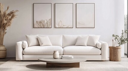 Photograph of a sleek modern living room featuring a white sofa
