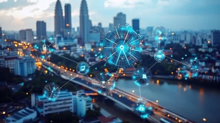 Ai-powered solar panels tracking the sun smart city urban landscape evening view sustainable energy concept