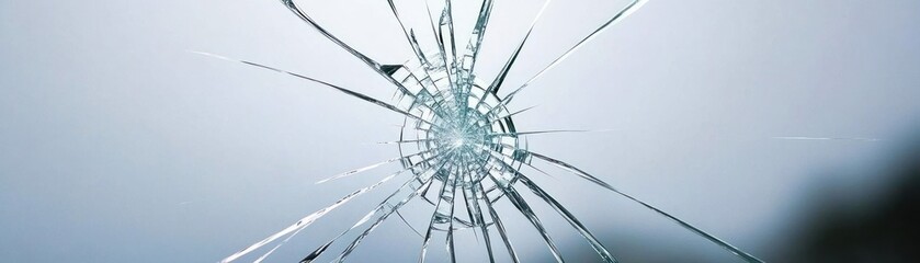 Close-up of a shattered glass surface highlighting intricate patterns and light reflections.