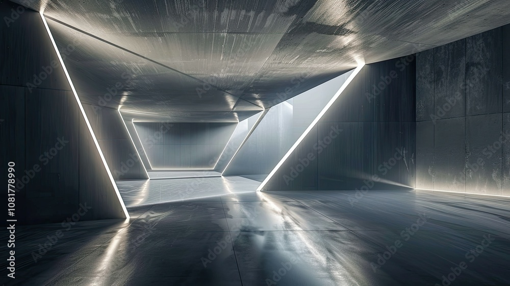Poster futuristic geometric light forms against a concrete texture backdrop
