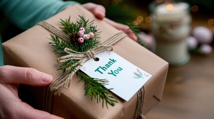 Eco-friendly Christmas gift wrapped in sustainable materials, featuring natural embellishments and a minimalist tag design for a personal touch.