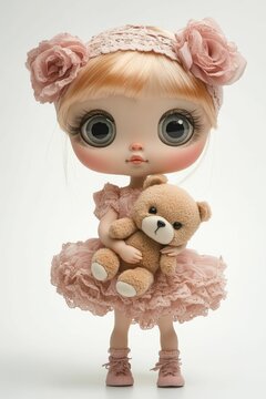 Doll in pink dress holding teddy bear.