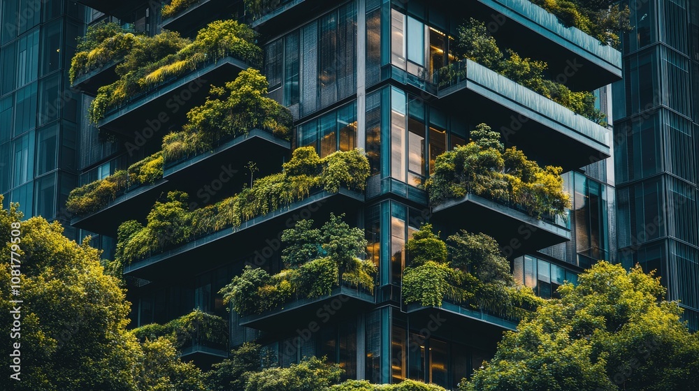 Poster architecture image with a modern glass building with a lot of green plants